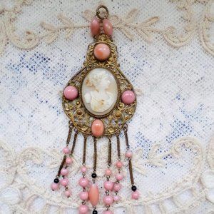 Antique Victorian Cameo on Ornate Filigree Mount with Pink Stones